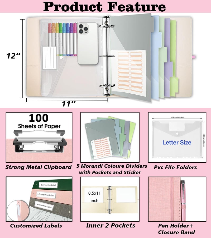 BVSSX 3 Ring Binder  2 Inch Linen Binders Organizer for Letter Size (8.5"" x 11"") Paper with 5-Tabs Pockets Dividers  BVSSX Leather Three Ring Binders with Clipboard  Plastic Folder  Pen Loop - Pink Tulips - Image 2